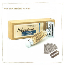 Laden Sie das Bild in den Galerie-Viewer, Set &quot;Holzrasierer Henry&quot; inkl. Schutzhülle aus Kork
